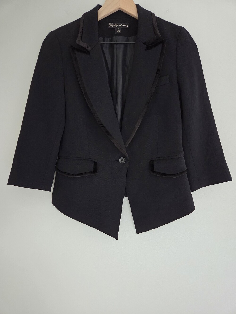 Elizabeth and James Black Wool Tuxedo Blazer Velvet Trim Womens Size 4 - Picture 2 of 7